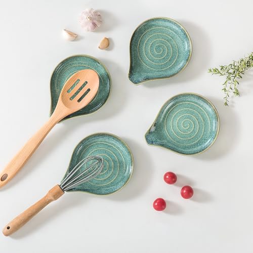 Ceramic Spoon Rest Set of 4, Spoon Holder for Kitchen Counter & Stove Top | Reactive Glaze, Holds Spoons, Spatulas & Cooking Utensils, Keeps Countertops Clean, Dishwasher Safe
