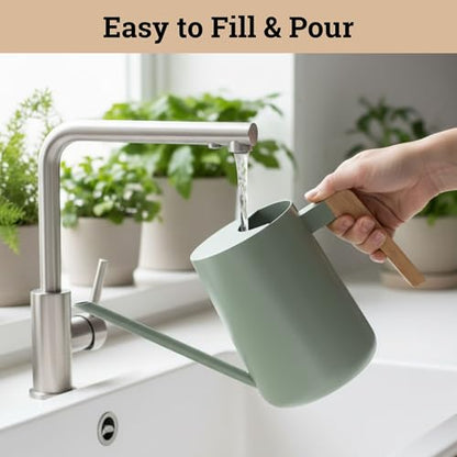 Metal Small Indoor Watering Can with Long Spout & Real Wood Handle, 35oz | Long Spout, Stainless Steel, Real Wood Handle, Gentle Flow, No Spills, Suitable for House Plants, Succulents & Seedlings - color: Sage Green