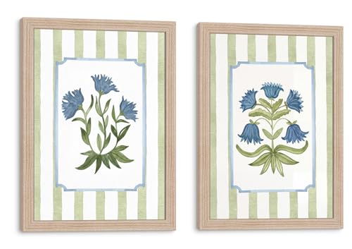 Framed Vintage Botanical Canvas Wall Art 2 Pcs Floral Decor 24x16 Inch | Farmhouse Painting Prints Picture Poster Ready to Hang cozy decor for bedroom living room bathroom Entryway hallway bookshelf - color: Blue Flower 007, size: 16"L x 24"W