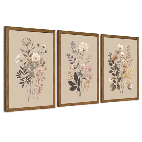 AVECCO 3 Pieces Vintage Floral Wildflower Framed Canvas Wall Art 20x30 Inch | UV Fade-Resistant Ink, Giclee Prints, Wooden Frame, Triptych Flowers Botanical Leaf, Ready to Hang, Living Room Bedroom Decor - color: Posen Vintage Floral, size: 30"L x 20"W