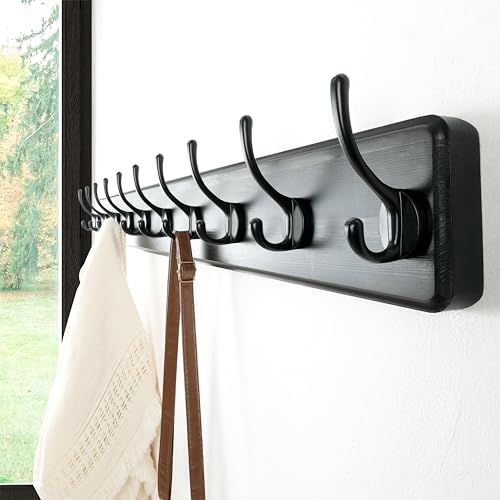 Wall Mounted Coat Rack: 38-1/4" Long, Patented, Heavy-Duty, 10-Double-Hooks Wooden Hanger Rail for Winter Coats, Hats, Jackets, Clothing - Black, Pack of 2 - color: Black, size: L=38.3"(2pcs)