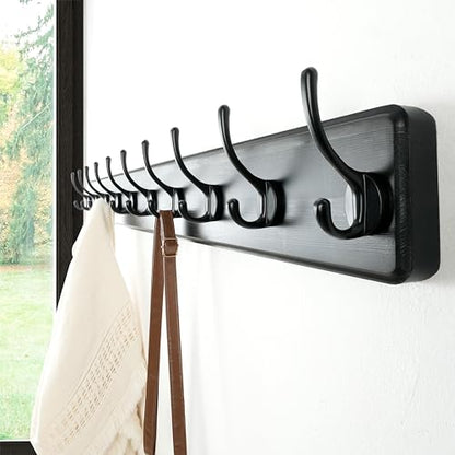 Wall Mounted Coat Rack: 38-1/4" Long, Patented, Heavy-Duty, 10-Double-Hooks Wooden Hanger Rail for Winter Coats, Hats, Jackets, Clothing - Black, Pack of 2 - color: Black, size: L=38.3"(2pcs)