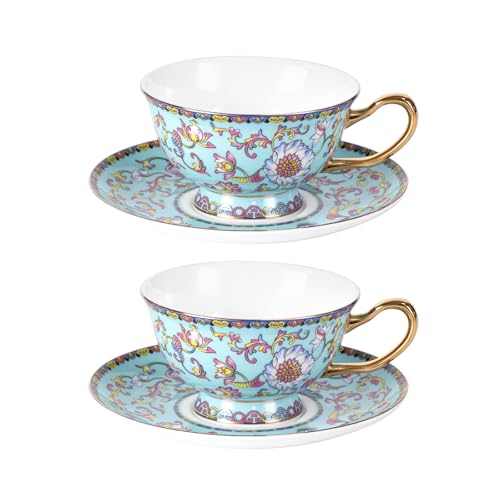 KAMMAK Tea Cups and Saucers Set of 2, Porcelain Coffee Cups, JBE021 | Stackable Espresso Mugs, Ceramic Demitasse for Coffee, Cappuccino, Latte, Americano, Tea - size: 8CZJBE021