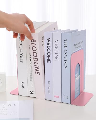 Honagu Bookends, Metal Book Ends, Bookends for Shelves, Book Holder Stopper for Heavy Books/CDs/DVDs (1 Pair/2 Pieces, Pink) - color: Pink