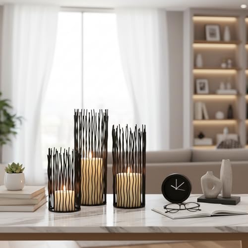 Metal Candle Holders for Pillar Candles - Black Wire Candle Holder Set of 3 | Creative Candlestick Holders for Table Centerpieces Fireplace Mantel Halloween Christmas Party Event Wedding Home Decorations