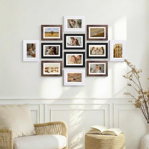 Vittanly 5x7 Picture Frames Set of 12, Wall & Tabletop, Black&Brown&White | Display Pictures 4x6 with Mat or 5x7 without Mat, Small Photo Frames, Engineered Wood with Shatter Resistant Plexiglass - color: Black&Brown&White, size: 5x7