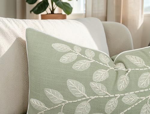 Rudransha Hand Embroidered Cotton Lumbar Pillow Cover - 12x20 Light Green Botanical Leaf Accent - Hazel Leaves - color: Light Green-hazel, size: 20" x 12" (Pack of 1)