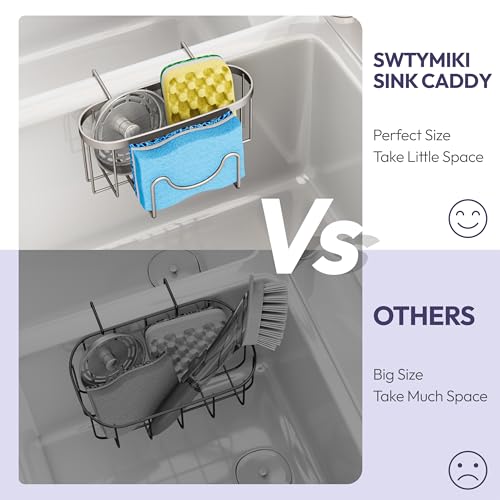 SWTYMIKI Sponge Holder for Kitchen Sink - Movable Kitchen Sink Caddy with M Shape Hook, Stainless Steel Hanging Sponge Caddy for Dish Sponge, Brush, Stopper Organizer in Double Sink, Sand Nickel - color: Sand Nickel-regular
