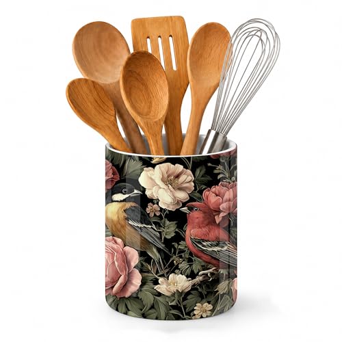 Retro Bird Kitchen Utensil Holder,Rose Floral Large Ceramic Utensil Crock Organizer for Spatulas,Spoons and Cooking Tools,Kitchen,Home Decoration 6.3" - color: Retro Bird Rose Floral