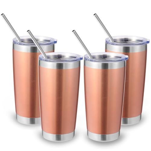 Volhoply 20oz Stainless Steel Tumbler with Lid and Straw Bulk 4 Pack,Double Wall Insulated Travel Ice Coffee Mug Fits Cup holder,Powder Coated Cups for Hot/Cold Drinks,Gifts for Women（Rose Gold,4 Set） - color: Rose Gold