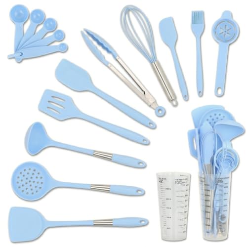 16-Piece Silicone Kitchen Utensil Set with Measuring Cup (Blue) | Dishwasher-safe BPA-free tools for nonstick cookware, with tongs, whisk, 5 measuring spoons and a 500ml measuring cup holder - color: Blue