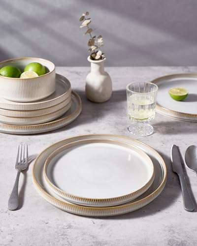 famiware Star Dinner Plates for 6, 10 inches Plate Set, Scratch Resistant, Stoneware Dinnerware, Kitchen Modern Rustic Serving Dishes, Cappuccino White (Pack of 3) - color: Cappuccino White, size: 10"(6pcs)ST (Pack of 3)