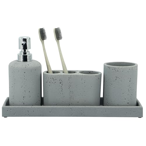 -Beige Bathroom Accessories Set 4 Pcs - Toothbrush Holder, Soap Dispenser, Vanity Tray, Bathroom Tumbler - Countertop Vanity Organizer - Bathroom Accessory Set- Toothbrush Holder Set, Stone Sets - color: Gray, size: 4pcs