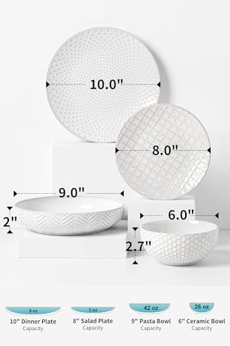 FOBENTA 16-Piece Ceramic Plates and Bowls Set,Dual Bowl Dish Set with Dinner & Pasta Bowls，Elegant Embossed Dinnerware for Modern Homes,for Microwave & Dishwasher Safe - size: Service for 4-16Pcs (Double Bowl)
