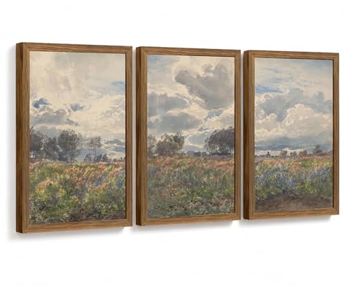 Vintage Framed Farmhouse Wildflower Meadow Landscape Wall Art Set of 3 | Impressionist watercolor canvas prints with countryside scenery for rustic decor in living room bedroom and office, 12x16 In - color: Multicolor, size: 12x16 Inch