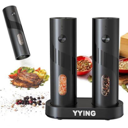 Electric Salt and Pepper Grinder Set Automatic Pepper Mill Grinder | Charging Base & LED Light, Adjustable Coarseness, Large Capacity, One-handed Operation, for Kitchen, Restaurant, Outdoor
