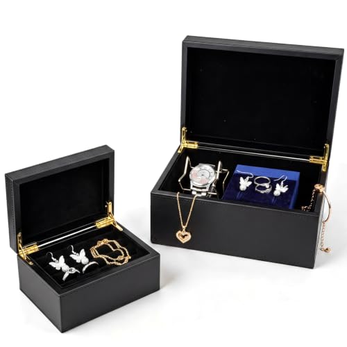 2 Pack Faux Leather Decorative Keepsake Box Large and Medium Wooden Storage Box with Magnetic Lid Jewelry Accessory Organizer Black Multi Functional Storage Container for Home and Office
