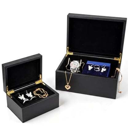 2 Pack Faux Leather Decorative Keepsake Box Large and Medium Wooden Storage Box with Magnetic Lid Jewelry Accessory Organizer Black Multi Functional Storage Container for Home and Office