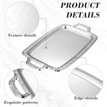 Metal Serving Tray, Silver Large Rectangular Antique Serving Platter, European Retro Style Tray for Cookies, Charcuterie, Snacks, Desserts, Fruit, Party Food (39. 00x23. 00x1. 70cm)