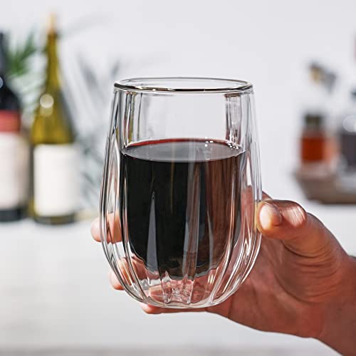 Viski Insulated Double Walled Stemless Wine Glasses, Drinking Glass with Cut Crystal Design, Home Bar Accessories, Glassware, 13 oz, Set of 2, Clear - style: Double-Walled Wine Glasses