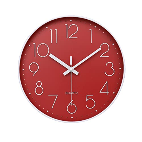 Red Wall Clock 12 Inch Silent Non-Ticking Battery Operated Quality Quartz Round Wall Clock Modern Decor Clock for Home Bedroom - color: Red, size: 12 Inch