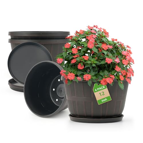 Quarut 12 Inch 4 Pack Large Planters Pot for Plants Indoor Outdoor | Plastic Flower Pots with Drainage Hole & Tray, Modern Decorative Garden Pot with Saucer, Plant Container for House(Brown) - color: Brown, size: 12 inch-4 pack