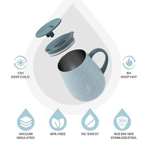 Ideus 16 oz Insulated Coffee Mug with Handle and Lid, Double Wall Stainless Steel Vacuum Thermal Coffee Mug, Travel Coffee Cup Thermal Cup for Home and Office (Eggshell Blue, FUJI DAWN) - color: Eggshell Blue