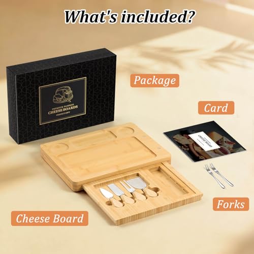 Bamboo Charcuterie Board Set with 4 Cheese Knives, Serving Platter | 1 Drawers, 4 stainless steel cheese knives, serving platter. Perfect for parties, weddings, entertaining, housewarming gift. - size: 18" x 13" x 1.3"