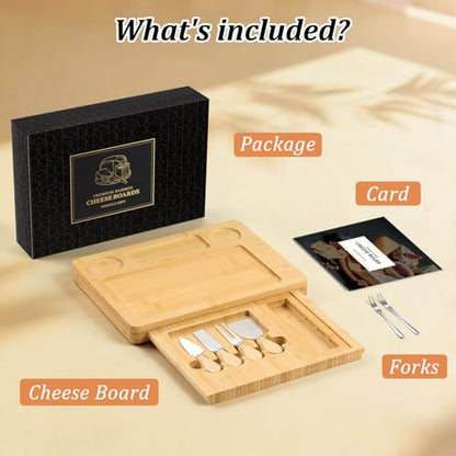 Bamboo Charcuterie Board Set with 4 Cheese Knives, Serving Platter | 1 Drawers, 4 stainless steel cheese knives, serving platter. Perfect for parties, weddings, entertaining, housewarming gift. - size: 18" x 13" x 1.3"