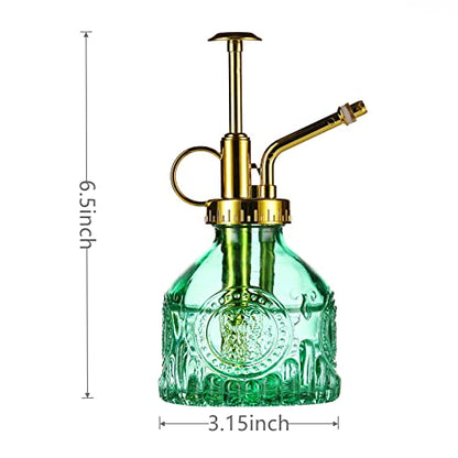Glass Plant Mister Spray Bottle, 6.5" Green Glass Water Spray Bottle with Gold Top Pump Small Watering Can, Small Plant Sprayer Mister for Indoor Outdoor House, Green+Gold (Green+Gold D) - style: Green+Gold D
