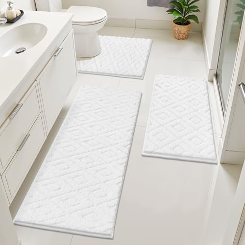 Bsmathom 3 Piece Bathroom Rug Sets, Non Slip Microfiber Bath Mat, White | Plush Water Absorbent Bath Rug Sets with U-Shaped Contour Toilet Mat, Machine Washable Carpet for Bathroom Sink, Shower - color: White