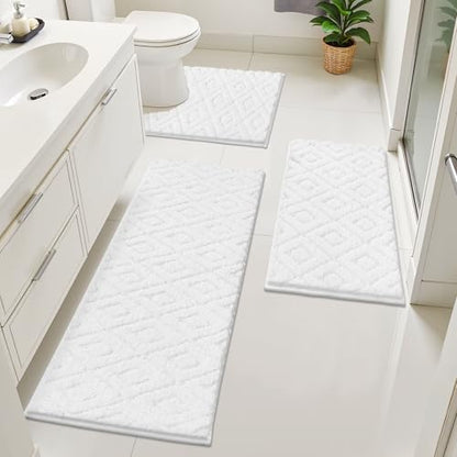 Bsmathom 3 Piece Bathroom Rug Sets, Non Slip Microfiber Bath Mat, White | Plush Water Absorbent Bath Rug Sets with U-Shaped Contour Toilet Mat, Machine Washable Carpet for Bathroom Sink, Shower - color: White