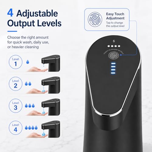 Automatic-Soap-Dispenser, 300ml Touchless Soap Dispenser with USB-C Rechargeable 1200mAh Battery, 4 Adjustable Levels, IPX5 Waterproof Liquid Soap Dispenser for Bathroom Kitchen Office, Black
