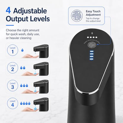 Automatic-Soap-Dispenser, 300ml Touchless Soap Dispenser with USB-C Rechargeable 1200mAh Battery, 4 Adjustable Levels, IPX5 Waterproof Liquid Soap Dispenser for Bathroom Kitchen Office, Black