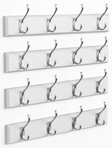 Forbena White Coat Rack Wall Mount 4-Pack, Coat Hanger Wall Mounted for Hanging Clothes Purse, Modern Key Holder Hooks for Closet Hat, Belt, Bag, Backpack, Leash (White and Silver - 16 Hooks) - color: Metal White Hooks and White