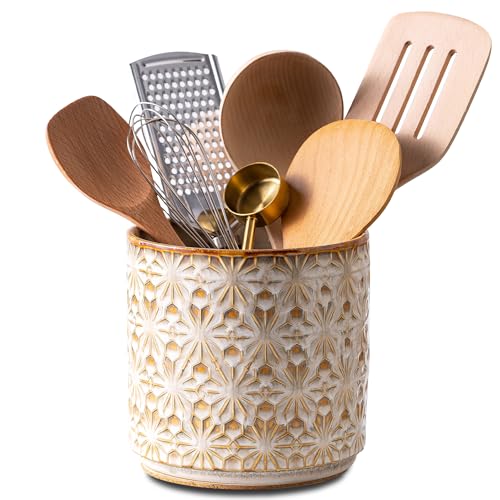 Utensil Holder Rustic Farmhouse Ceramic Utensil Crock for Countertop - 5.3" Handcrafted Kitchen Cooking Utensil Crocks with Cork Base, Natural Finish for Kitchen Tools Storage - color: Hand Engraved Print Flower