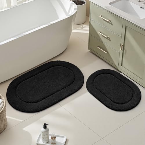 HOMEIDEAS Black Oval Bathroom Rug Sets 2 Piece 20" x 32" + 16" x 24" | Microfiber Bath Mats, Non-Slip TPR Backing, Ultra Absorbent & Quick Dry, Machine Washable for Bathroom, Shower, Tub - color: Black