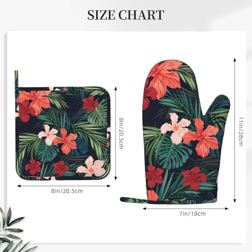 Tropic Hawaiian Hibiscus Flower Oven Mitts Pot Holders Set Silicone Heat Resistant Green Leaves Red Floral Oven Mitts and Hot Pads Potholders Non-Slip Oven Gloves for Cooking Baking Grilling - color: Red Green
