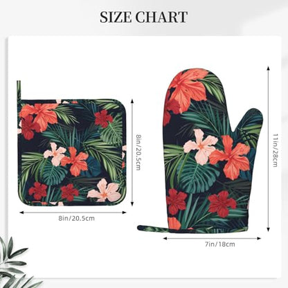 Tropic Hawaiian Hibiscus Flower Oven Mitts Pot Holders Set Silicone Heat Resistant Green Leaves Red Floral Oven Mitts and Hot Pads Potholders Non-Slip Oven Gloves for Cooking Baking Grilling - color: Red Green