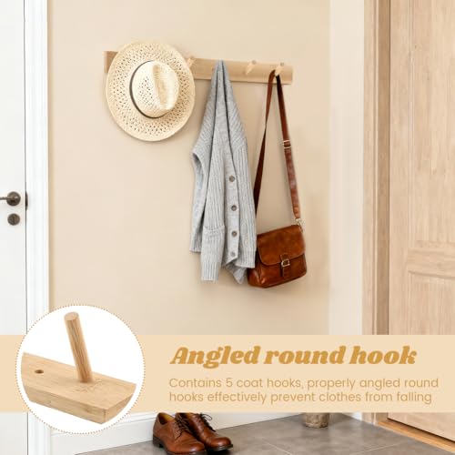 2-Pack 15" Heavy Duty Wooden Coat Rack, Wall Mount with 5 Hooks | Natural bamboo. 5 hooks for coats, hats, bags & towels. For entryway, bedroom & doors. Holds 20lb. Hardware included.