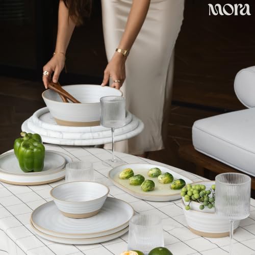 MORA Giant Salad Bowl Set with Wood Salad Servers, 4 qt Large Ceramic Serving Bowl for Salad, Pasta & Fruit, Microwave, Oven and Dishwasher Safe - Cloud - color: Cloud