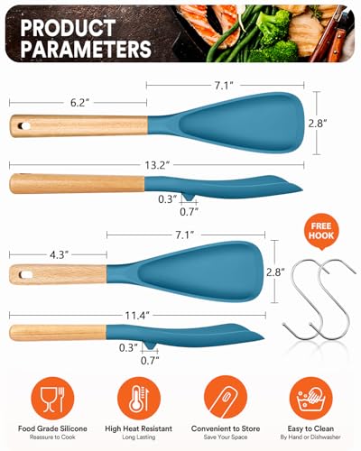 Multifunction Spoon for Nonstick Cookwares, Great for Cooking and Serving, Sturdy BPA-Free Matte Silicone, Wood Handle spoonula for Mixing, Scoop, and Scrape, Turquoise(2 pack,11.4" & 13.4") - color: TURQ