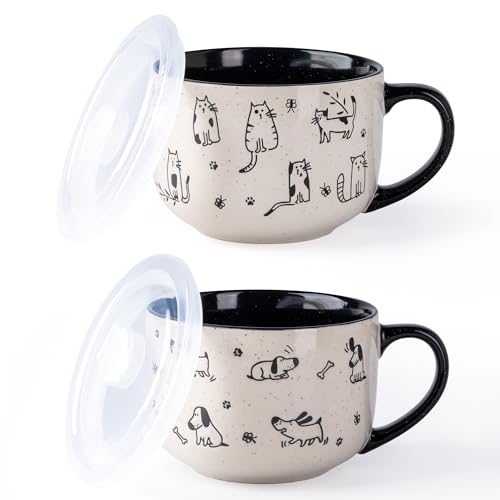 AmorArc 32 Ounces Ceramic Soup Mugs with Lids and Handle, Stoneware Bowls Cup Set of 2 for Soup, Stew, Noodle, Beautiful Mug Bowls With Lovely Dog,Cat Patterns, Microwave&Dishwasher Safe, Black - color: Black, size: 32oz