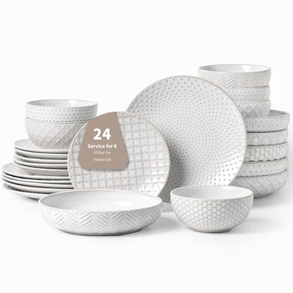 FOBENTA 24-Piece Ceramic Dinnerware Set,Large Plates and Bowls Set for 6,Elegant Dish Set for Families & Entertaining–Microwave & Dishwasher Safe Tableware (Double Bowl) - size: Service for 6-24Pcs (Double Bowl)