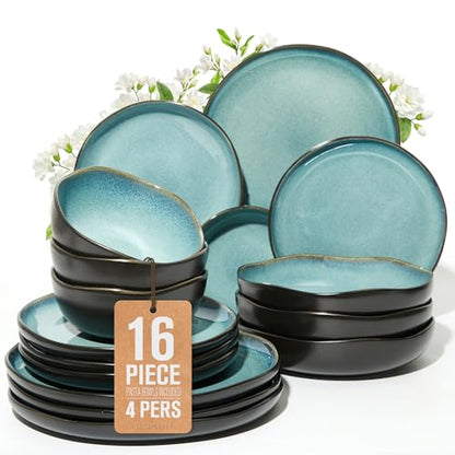 Ceramic Dinnerware Sets for 4, 16pcs Plates and Bowls Sets Dish Set | Stoneware Dishware sets, Microwave & Dishwasher Safe, Cereal Bowls and Dinner Plates Set, Stackable Dishes Set, Green Black - color: Green Black, size: Set (16pcs)