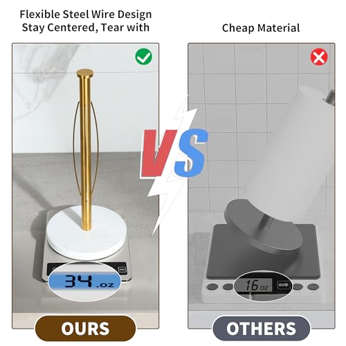 YIGII Marble Base Paper Towel Holder Countertop, Standing Paper Towel Holder with 15-Minute Magnetic Sand Timer, Papertowel Rack for Standard or Jumbo-Sized Roll Paper - style: Gold & White Marble