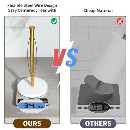 YIGII Marble Base Paper Towel Holder Countertop, Standing Paper Towel Holder with 15-Minute Magnetic Sand Timer, Papertowel Rack for Standard or Jumbo-Sized Roll Paper - style: Gold & White Marble