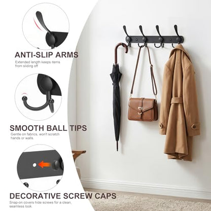 YUNISS Coat Rack Wall Mounted，4 Tri Stainless Steel Coat Hook for Coat Hat Robes Towel in Mudroom Entryway (Black, 2 Pack 4) - color: Black, size: 2 Pack 4