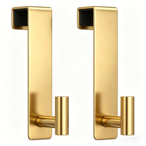 HUFEEOH 2-Pack Over The Door Hooks, Stainless Steel Door Hanger for Towels & Coats, Bathroom Towel Rack Coat Rack, Tool-Free Hooks for Hanging (Gold, Fits 1-3/4" Thick Door -T Shape 2 Pack) - color: Gold, size: Fits 1-3/4" Thick Door - "T" Shape 2 Pack