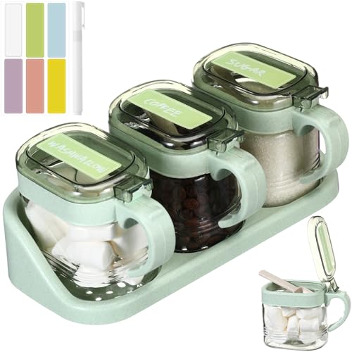 3 Pcs Sugar Coffee Container Set 16 oz Glass Condiment Jar Spice Container Coffee Station Organizer Set with Label Stickers Scoop for Bean and Sugar Candy, Oats, Nuts(Green) - color: green